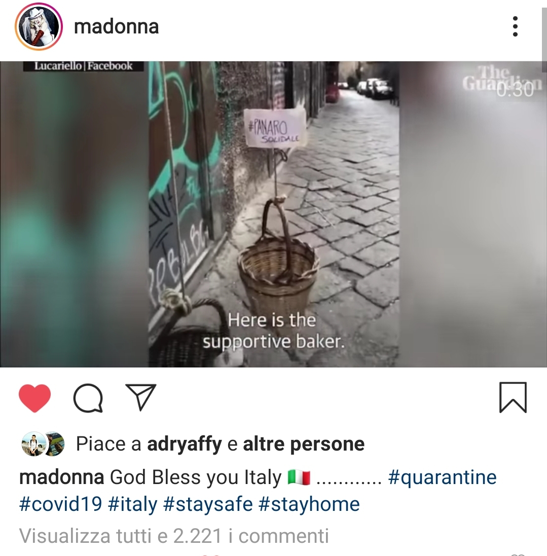 Madonna condivide il 'panaro solidale' di Napoli: "Che Dio vi benedica!"