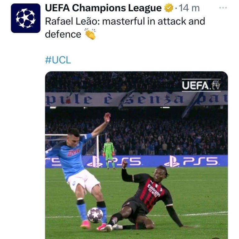 Clamoroso errore della UEFA? Pubblicata su IG per complimentarsi, la foto del fallo di Leao su Lozano…
