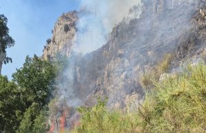 Chiusa momentaneamente la statale 163 all’entrata di Positano Volontari ed elicotteri al lavoro per spegnere i focolai