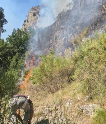 Chiusa momentaneamente la statale 163 all’entrata di Positano Volontari ed elicotteri al lavoro per spegnere i focolai